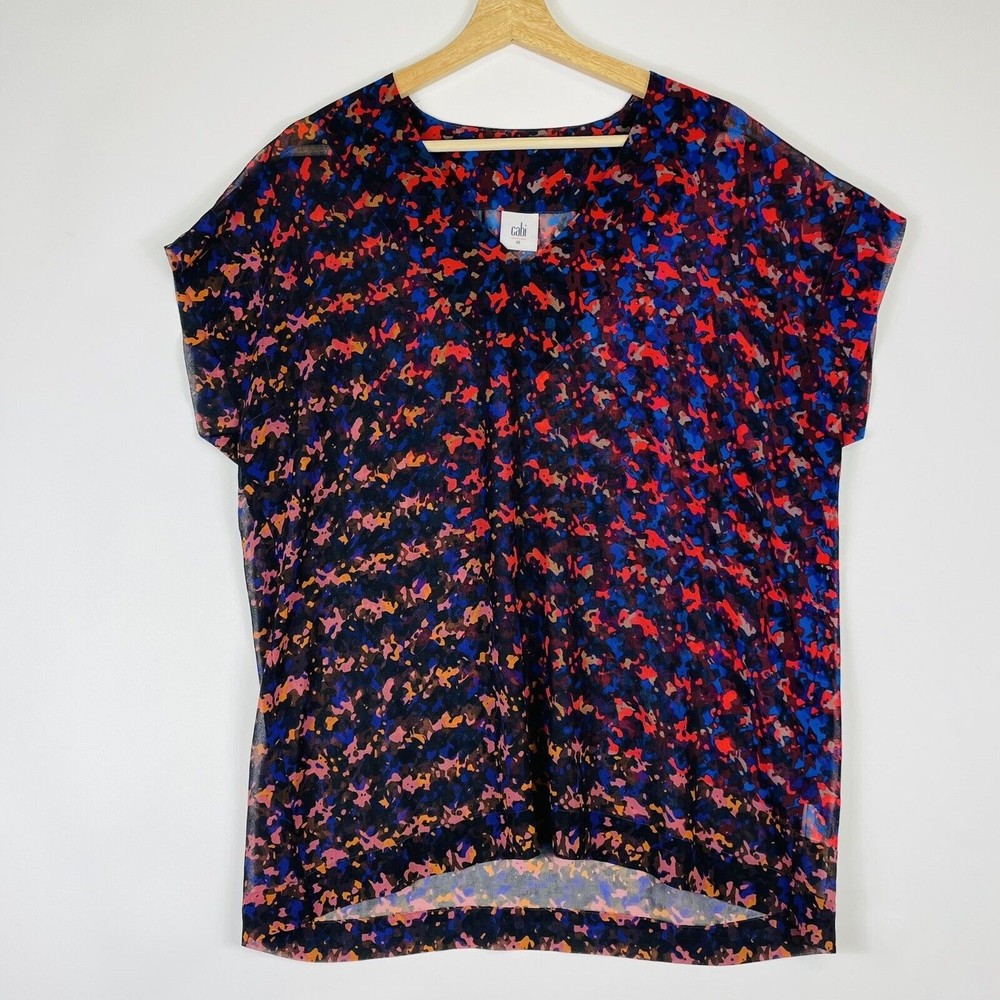 Cabi Blouse Women Medium Multicolor‎ Abstract Print Sheer V-Neck Artistic Modern